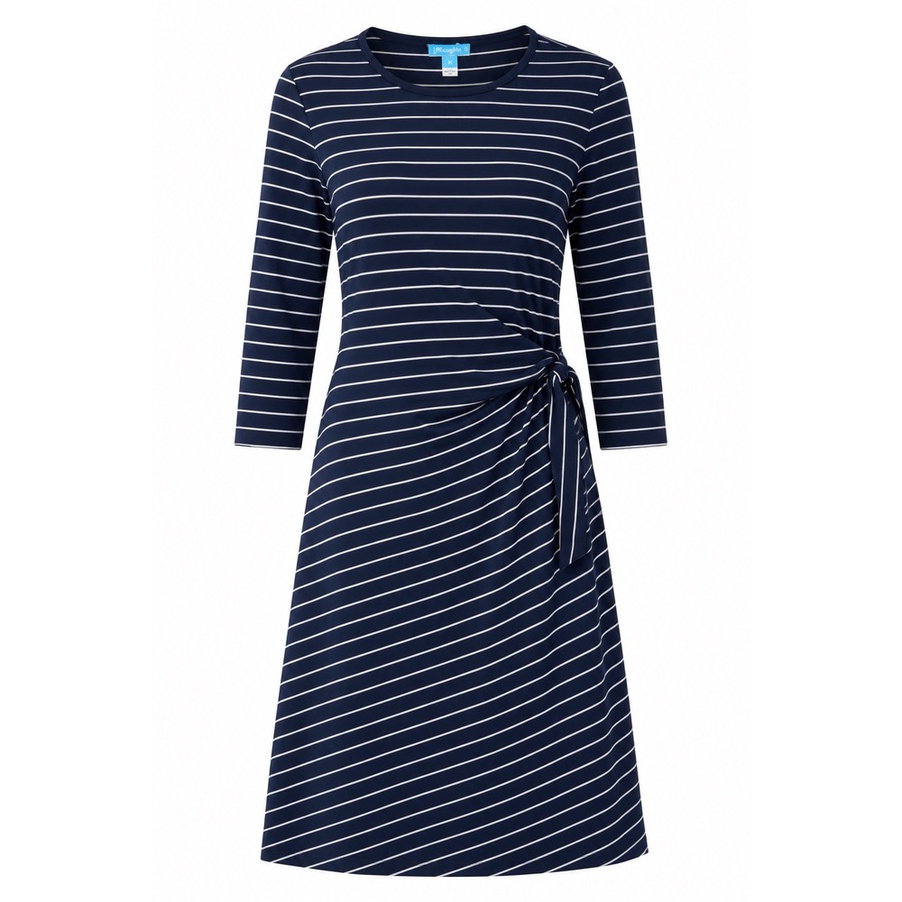 J.McLaughlin Lovana Dress Women M Navy Stripe Faux Wrap‎ Side Tie 3/4 Sleeve